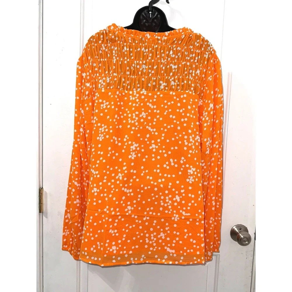 Dokotoo Orange Pleated Long Sleeve V Neck Smocked Printed Chiffon Blouse - Picture 8 of 8